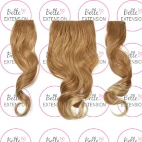 Sintetici clip-on extension di capelli a 3 fasce - ricci, biondo chiaro con meches marroni F16, 50cm