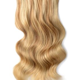 Clip on 100% remy extension di capelli a 8 fasce - densità doppia, lisci, marrone medio oro-biondo chiaro oro #10/16 mix