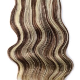 Clip on 100% remy extension di capelli a 8 fasce - lisci, marrone cioccolato-biondo chiaro soleggiato #4/613 mix
